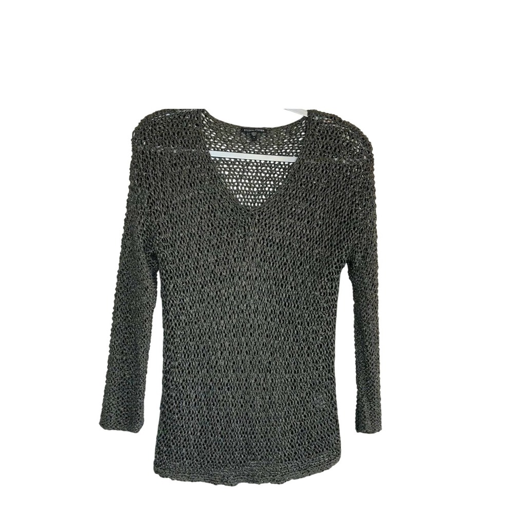 Eileen Fisher Metallic Charcoal Open Stitch V-Neck Sweater Italian Yarn Small